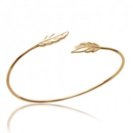 Bracelet jonc, ouvert et rigide, avec deux feuilles et plaqué or.